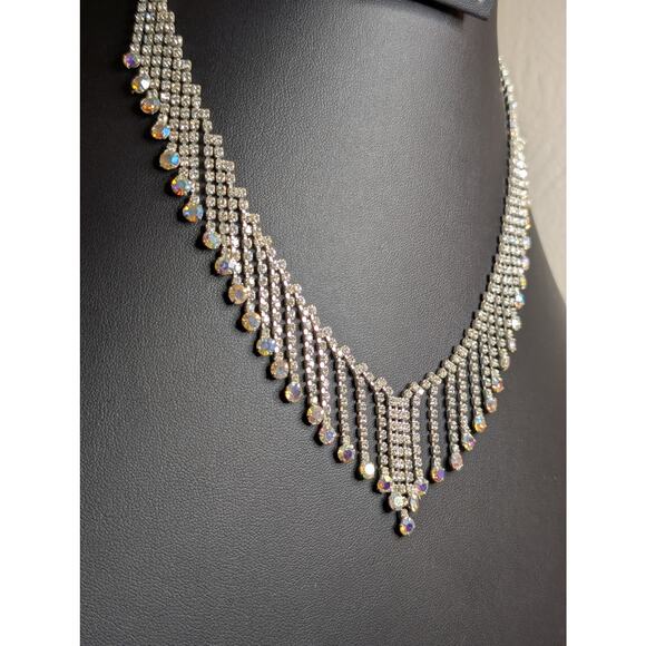 Rhinestone AB Crystal Fringe Dangle Silver Tone 17"-18" Necklace - Picture 2 of 10